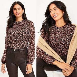 LOFT Shimmer Vine Pleated Yoke Metallic Floral Print Semi Sheer Blouse Top XS